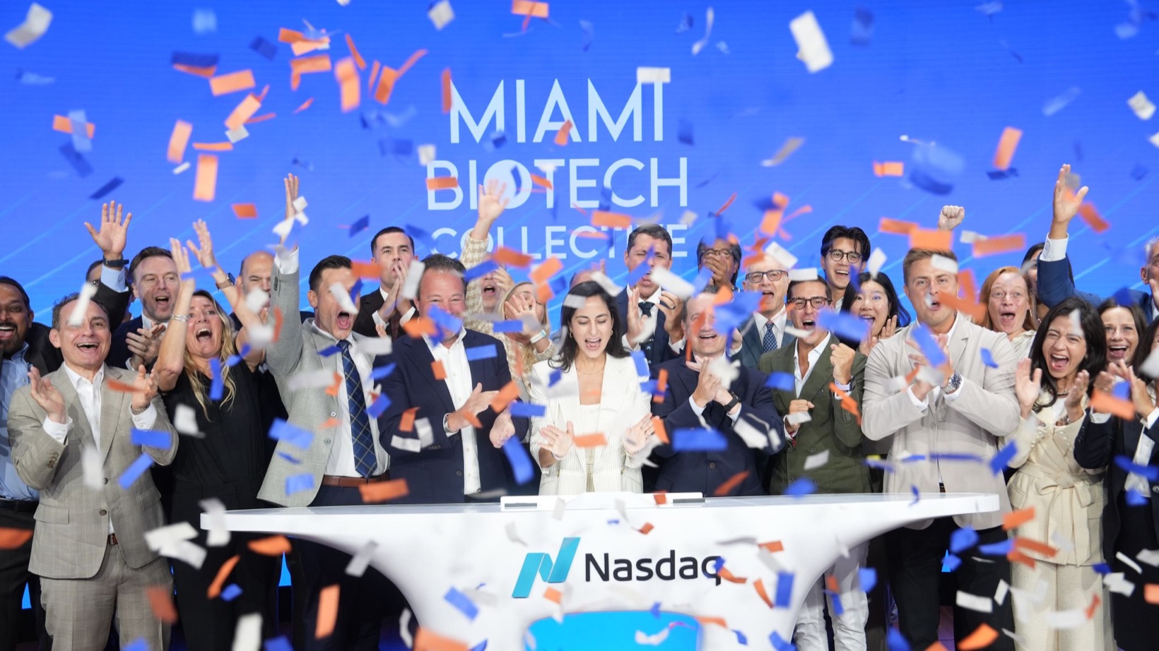 ERMA Systems and the Miami Biotech Collective ringing the Nasdaq opening bell in Times Square